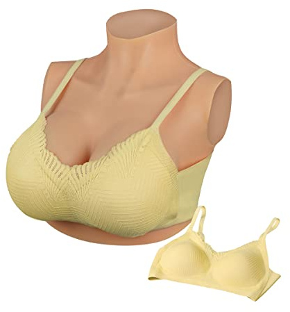Peikey Faux Sein Silicone Travesti, [Version Courte] Fausse Poitrine Bust en Silicone réaliste avec Soutien-Gorge Approprié, pour Drag Queens, Cosplay, Bonnet B Chair avec Coton Léger