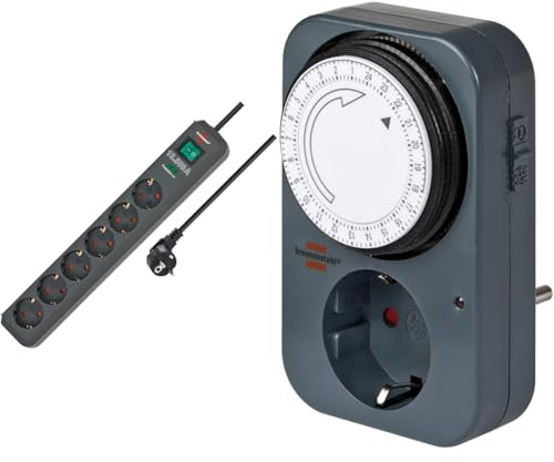 Brennenstuhl Eco-Line Steckdosenleiste 6-Fach mit Überspannungsschutz & Zeitschaltuhr MZ 20, mechanische Timer-Steckdose (Tages-Zeitschaltuhr mit erhöhtem Berührungsschutz) grau