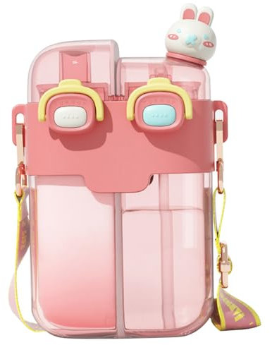 Linda Botella de Agua, 780 ml de Botella de Agua de chamer Dual Kawaii con Paja y Correa Ajustable, Botellas de Agua Potable Doble, Botella de Agua Deportiva a Prueba de Fugas para niñas al Aire libr