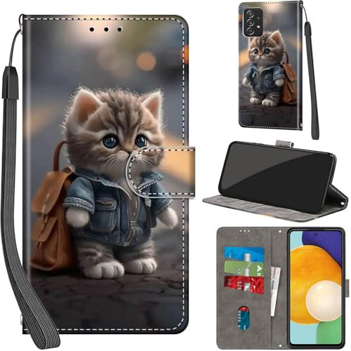 Handyhülle für Samsung Galaxy A53 5G Hülle PU Leder Schutzhülle Klappbar mit Kartenfach Ständer Handytasche mit Kameraschutz Flip Case Klapphülle für Samsung A53 5G, Katze