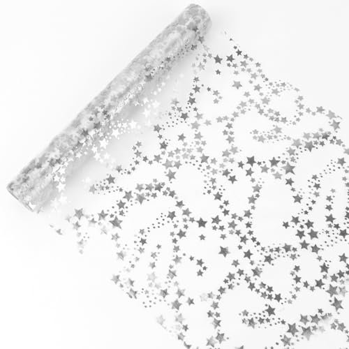 Tischläufer Weihnachten, Tischläufer Weihnachten Rolle mit Doppelseitiger Silber Stern, 28CM x 500CM, Tischband Glänzend Tischdeko, für Weihnachten, Silvester, Adventszeit, Ramadan