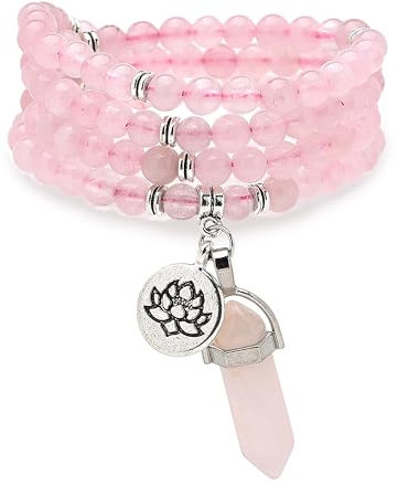Collier Bracelet Mala 108 Perles de Prière Naturelles avec Breloque Lotus et Pendentif Prisme Hexagonal en Quartz Reiki (Quartz rose (Rose Quartz))