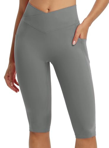 baleaf Damen Yoga Capri Leggings mit Taschen Sport Leggings High Waist Knielange Yogahose Kurze Radlerleggings Slim Fit Gym Casual Sommer Grau M