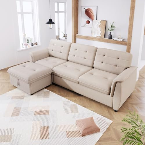 Merax Ecksofa 239L x 80B x 84H cm, Sofa L-Form mit Fußhocker, Couch mit Stauraum, Beige