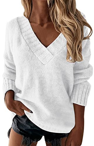 Genérico Jersey Punto Mujer Suéter Mujer Cuello Pico Jersey Mujer Otoño Jerseys Finos Suéter De Manga Larga Con Cuello En V De Color Liso Para Mujer SuéTer Fino Mujer Manga Larga (Blanco, XXL)