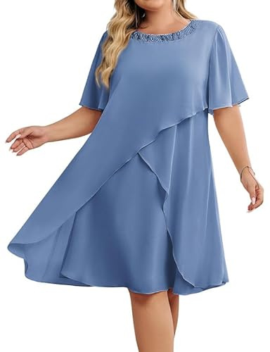 Hanna Nikole Damen Kleider Elegant Hochzeitsgäste GroßE GrößE Chiffon Abendkleider Mit Pailletten Rundhalsausschnitt Cocktailkleid Festlich Midikleid FüR Die Brautmutter
