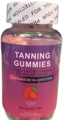 Tanning Gummies | Beta-Carotene | Sunless Tanning | High Strengh | Tan Accelerator | Strawberry Flavour | 60 Gummies | 30 Servings | One Month Supply | Astaxanthin | Vitamin A, C, B3, D3 | Zinc