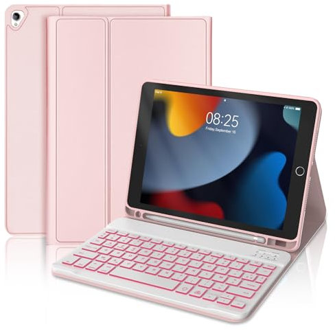 Clavier Coque pour iPad 9ème/8ème/7ème Génération 2021/2020/2019 10.2”/iPad Air 3 10.5 2019/iPad Pro 10.5, 7 Couleurs Rétroéclairées AZERTY Français Magnétique Amovible Clavier Bluetooth Etui, Rose