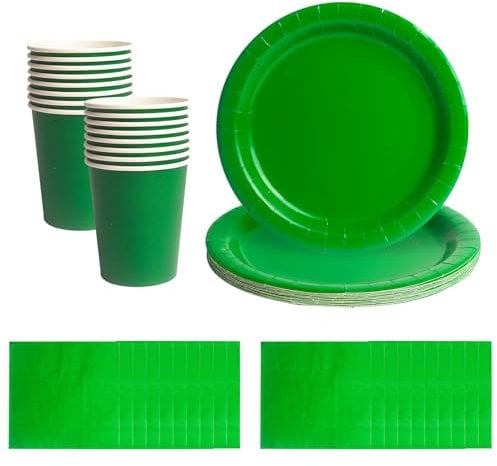 52pcs Green Disposable Tableware Set - 20 Paper Napkins 16 Cups 16pcs 7inch Paper Plates | Biodegradable Solid Color Green Dinnerware for Birthdays, Weddings, Kids Adult Christmas Party