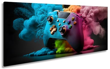 Leinwandbild Gaming trifft Farbe – Controller als Kunst in Bewegung. Panorama 100x50cm XXL Kunstdruck Bild auf Keilrahmen/Wandbild/Wohnzimmer Dekoration