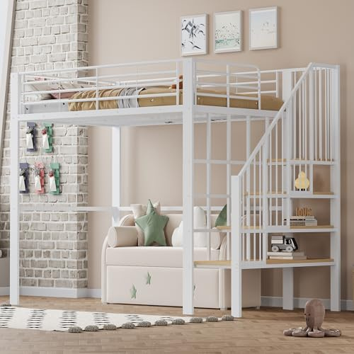ZYLOYAL10 Hochbett Stabile Metallkonstruktion mit geräumigem Stauraum unter dem Bett und Treppe Ideal für Kinder und Erwachsene Stauraumbett für maximale Platzeffizienz (Weiß, 140 x 200CM)