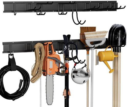 tonchean Garagen Werkzeug Management Wandregal Garagen Gerätehalter Metall Wandhaken Werkzeugregal für Garage Werkzeugregal Wand mit 3 Schienen 9 Haken