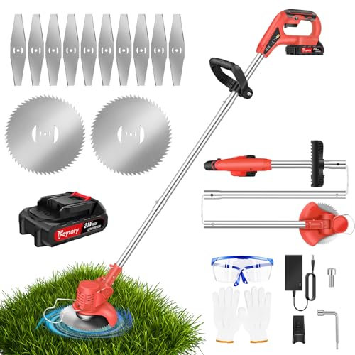 21V Cordless Garden Strimmer with 1500mAh Battery and 12 Metal Blades, Lightweight Electric Grass Trimmer and Lawn Edger, 90° Head Rotation Electric Strimmer, Brush Cutters for Garden and Lawn Mowing