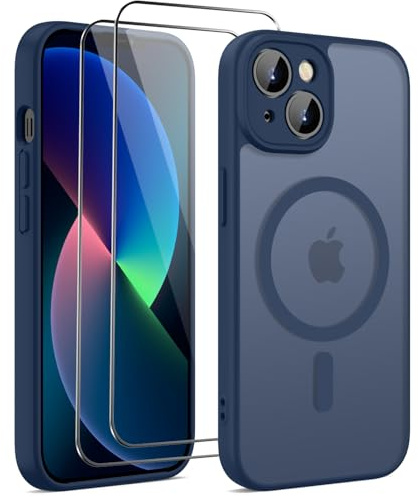 HGH für iPhone 13 Hülle für MagSafe mit 2 Schutzglas, Blau | Vollständiger Kameraschutz Stoßfest Kratzfest Anti-Fingerabdruck Transluzente Rückseite Matt Handyhülle für iPhone 13