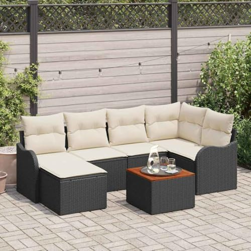 Qnhdfrt Garten Sofa Set 7 Teile Schwarz Weiß Groß Modernes Poly Rattan Lounge Set UV Beständig mit Tisch und Stauraum für Terrasse Garten Balkon