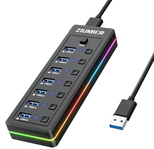 ZIUMIER USB 3.0-Hub mit 7 Anschlüssen, RGB-LED-Streifen ON/Off Schalter | USB-Hub für Laptop, PC, Maus, Tastatur, Festplatte oder andere USB-Geräte.