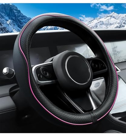 Flaconi Couvre Volant Voiture,Antidérapant Couvre en Cuir Microfibre,avec Ligne Antidérapante,Accessoires Intérieurs Auto,Convient aux Volants d'un Diamètre Extérieur de 37 à 38 cm (Noir-Rose)