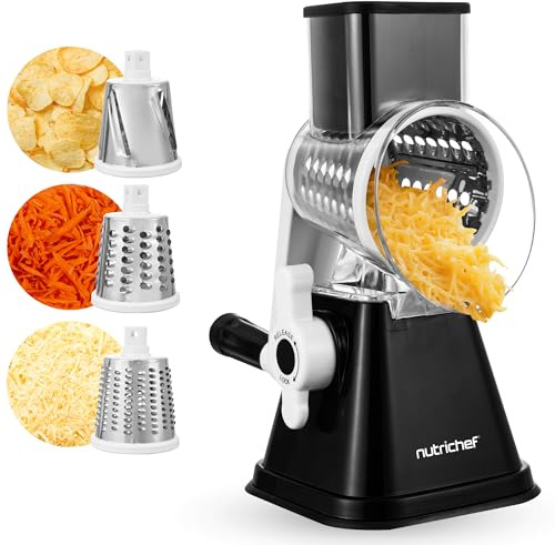 NutriChef 3-in-1 Trommelreibe mit Kurbel – Gemüsereibe & drehbare Käsereibe – 3 Trommeln für Fein, Mittel & Streifen – Reibe mit Kurbel und starkem Saugfuß – Manuelle Küchenreibe – Schwarz