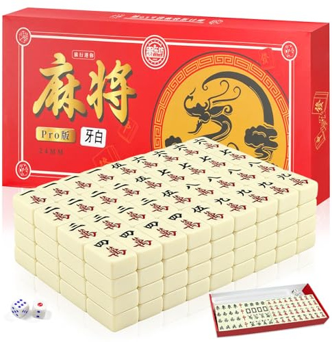 Klerbesh Mini Set Mahjong 24mm, Gioco da tavolo portatile tradizionale con 144 tessere, 4 supporti e 2 dadi, Gioco di viaggio compatto e di strategia per adulti (Bianco avorio)