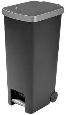 Addis MODE 45 Litre Soft Close Pedal Kitchen Bin with Easy Move Wheels – Modern Space Saving Family Waste Bin Design with stay open Lid, Black