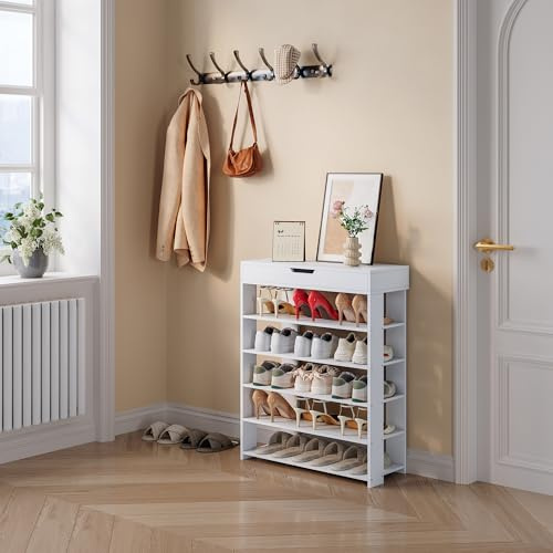 [en.casa] Schuhregal Boppeelo mit Schublade Schuhablage 94 x 75 x 30 cm Schuhaufbewahrung 5 Ablageflächen Standregal für Flur Wohnzimmer Badezimmer Weiß
