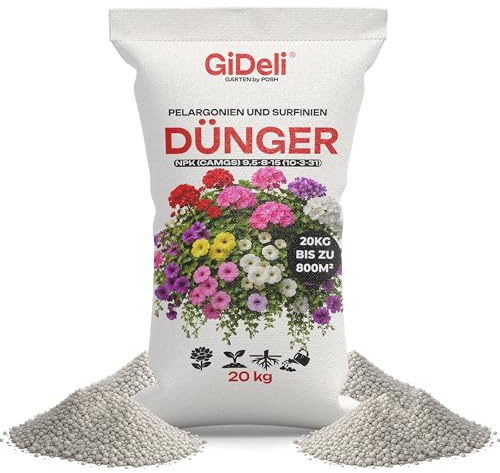 GiDeli Geraniendünger 20 kg Granulat für Balkonpflanzen und Stauden | NPK 9,5-8-15 mit Magnesium, Blühpflanzendünger und Kübelpflanzendünger, ein Turnus je Gebinde