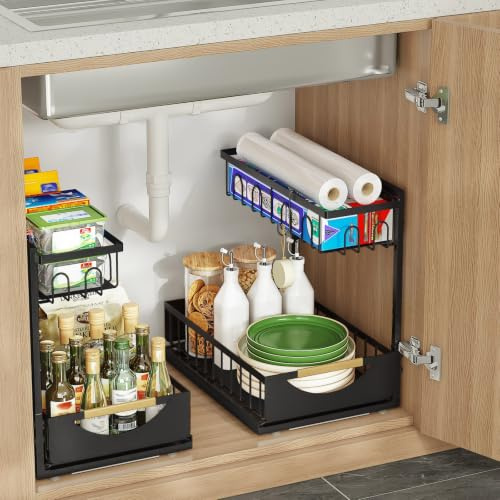 Fantasnight Under Sink Hanging Storage Organiser 2 Tier Black 2 Pack | for Cupboard Kitchen Metal Undersink Organisation