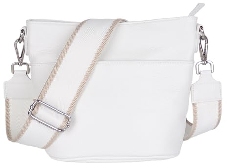 MIRROSI Damen Umhängetasche, Crossbody Bag, Echtleder I Made in Italy (1 Tasche 1 oder 2 Gurt(e)), 24x18x12cm (BXHXT) Mittelgroß (Upgrade Version (mit 2 Gurte): Weiß Klassik)