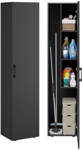 Bellamio Apol Besenschrank schmal 40 cm breit, Schwarz, mit Staubsaugerfach | Mehrzweckschrank, Vorratsschrank Küche, Putzschrank aus Holz, Flurschrank, Haushaltsschrank, Allzweckschrank, 176x33x40 cm