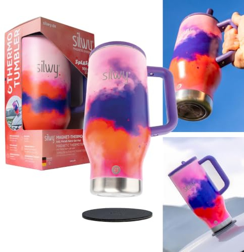 silwy® Magnet-Thermo-Tumbler 900 ml mit Griff & Trinkhalm – Auslaufsicherer Edelstahl Thermobecher mit Magnet + Metall-Nano-Gel-Pad – Magnetischer Cup Holder für Auto, Van & Boot (SPLASH)