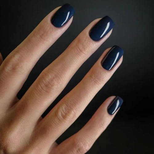 Navy Blue Press On Nails Short - Square False Nails With Glue - Reusable Fake Nail Kit With Nail Glue Adhesive Tabs Mini Nail File - 24pcs Stick On Nails For Women