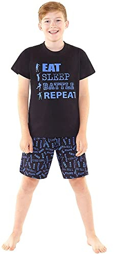 Boys Teens Gaming Gamer Football Short Pyjamas Set Nightwear Sleepwear UK Seller - Black/Blue - 13/14 Years