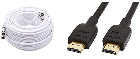 Smedz 10 m Twin Satellite Shotgun Coax Cable Extension Kit with Premium Fitted Compression F Connectors for Sky Q, Sky+ and Freesat - White & Amazon Basics High-Speed, Ultra HD HDMI 2.0 Cable, 3 m
