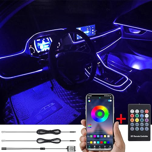 TABEN Auto Umgebungslicht RGB Fernbedienung + APP Steuerung Dekorative Lampe DIY Refit Flexibles Glasfaserrohr 64 Farben Innenbeleuchtung Atmosphärenlicht 1W DC 12V 3m