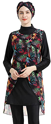 Muslimische Badeanzüge für Frauen Floral Modesty Bademode Islamischer Hijab Burkini Beachwear Tankini Badeanzug (Black, L)