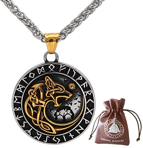JHBTFQ Viking Herren Edelstahl Fenrir Wolf Rune Halskette Nordische Amulett Schmuck, 24 Zoll Kette