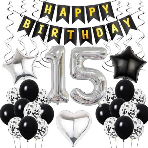 15. Geburtstag Dekoration, Geburtstagsdeko 15 Jahre Junge, 15 Geburtstag Deko, 15 Ballon Schwarz und Silber Deko, Luftballon 15. Party , 15 Junge Mädchen