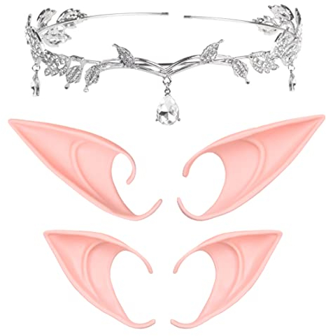 Kare & Kind 1X Strass Blatt Stirnband, 2 Paar Elfenohren - Verwendung für Cosplay, Halloween, Maskeraden, Renaissance Festival, Verkleidung, Kostüm, Themen Party, Hochzeit - Vampir, Fee Kobold Zubehör