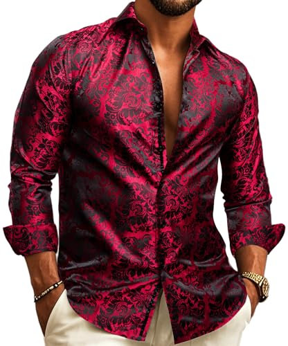 Barry.Wang Men Dress Shirts Paisley Silk Long Sleeve Button Big and Tall Down Shirt Fashion Leisure Wedding Party Prom Red S-3XL