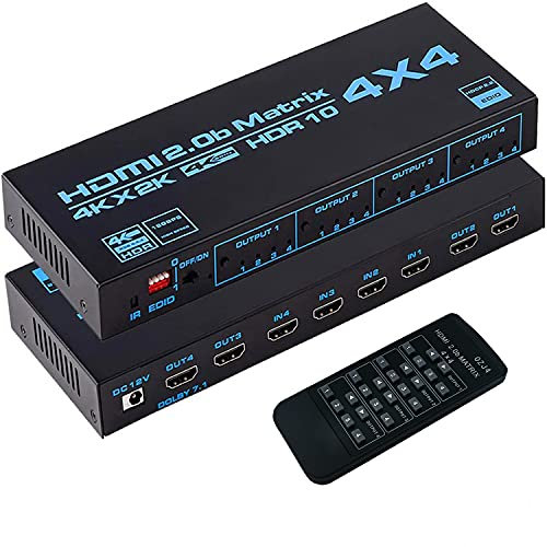 Conmutador de Matriz HDMI 4X4,Conmutador/Distribuidor HDMI 4K@60Hz 4 entradas 4 Salidas,Divisor de Video con Control Remoto IR y Extractor de Audio EDID