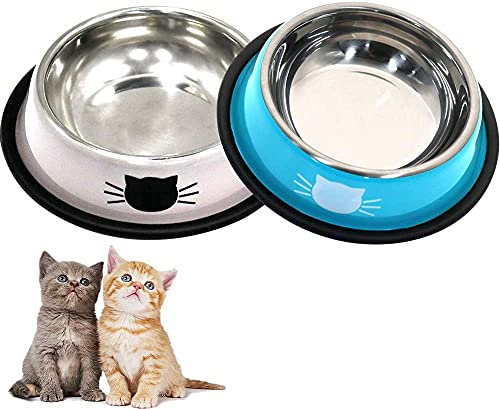 DOMI PRO Cat Bowls 2pc Gray & Black Non-Slip Stainless Steel Cat Bowl Cat Water Bowl Cat Food Bowl Cat Bowls for Kitten (Blue+Gray)