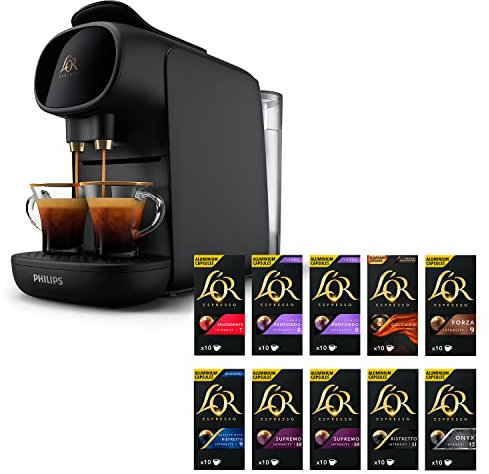 L'OR BARISTA Sublime Coffee Machine Black by Philips with L'OR Espresso Variety 10X10PC Aluminium Coffee Capsules (Total 100 Capsules)
