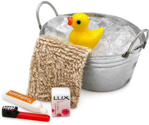 ZauberDeko Wichtel Zubehör Metall Wanne Pflegeset Badeente Miniatur Puppenhaus Set 5-teilig
