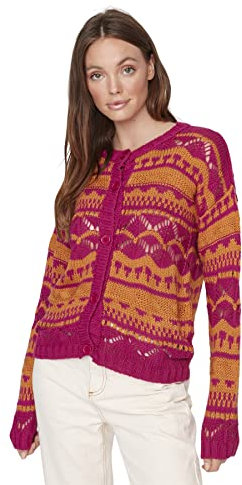 Trendyol Cardigan régulier à col Rond et Blocs de Couleurs Sweater, Fuchsia, S Femme