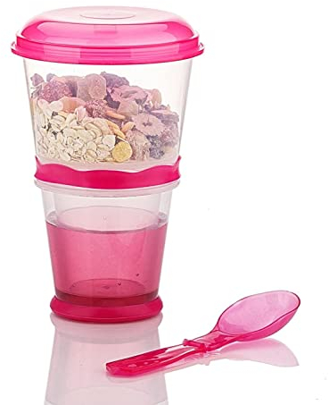 KorhLeoh Cereal On The Go, Cup Container Breakfast Drink Milk Cups Portable Yogurt and Travel To-Go Food Containers Storage With Straw(Pink)