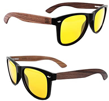 Holzwurm Nachtsichtbrille mit Holzbügeln aus Walnuss für Damen & Herren/Night Vision Brillengläser mit UV400-Schutz/mit Brillenetui aus echtem Kork
