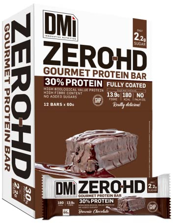 DMI Barritas de Proteína ZERO-HD GOURMET PROTEIN BAR 12 x 60g - Snack Alto en Fibra y Bajo en Grasas - Barra Saludable Sin Azúcar sin Aceite de Palma (Chocolate Brownie)