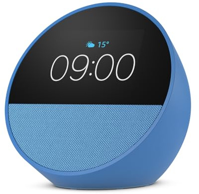 Certified Refurbished Echo Spot (2024 release), Smart alarm clock with vibrant sound + Alexa, Ocean Blue
