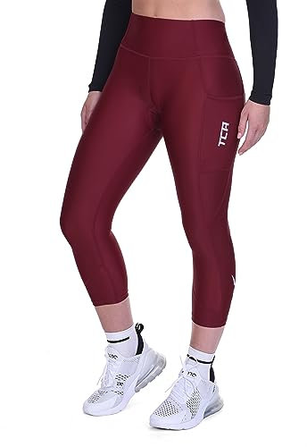 TCA Collant de Cyclisme 3/4 Rembourré pour Femmes, Short de Vélo à Taille Haute Respirant avec Poches, Anti-Dérapant et Séchage Rapide - Cabernet, L