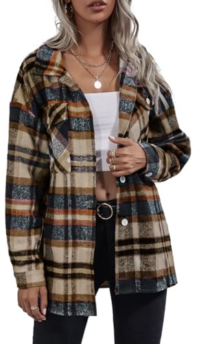 Rayson Chemise Femme Carreaux Chic et élégant Bouton Down Veste Carreaux Femme Chaude Hiver Longue Manteau Carreaux Flanelle